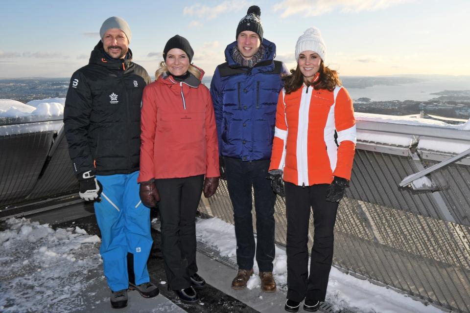 Crown Prince Haakon of Norway, Crown Princess Mette-Marit of Norway, Catherine, Duchess of Cambridge and Prince William, Duke of Cambridge before meeting junior ski jumpers from Norway's national team at the top of the Holmenkollen ski jump, where she and Prince William, Duke of Cambridge, take a short tour of the museum and ascend to the top of ski jump to talk with and observe junior ski jumpers from Norway's national team on day 4 of their visit to Sweden and Norway on February 2, 2018 in Oslo, Norway.