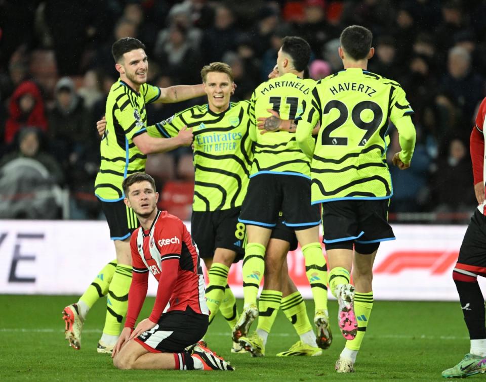 The Gunners celebrate Gabriel Martinelli’s goal in the demolition of Sheffield United (Arsenal FC/Getty)