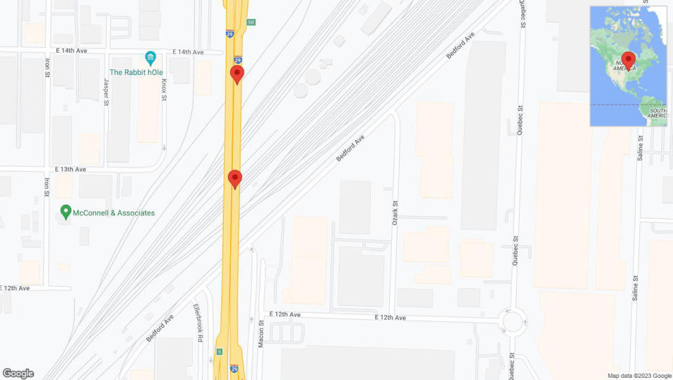 A detailed map that shows the affected road due to 'Broken down vehicle on northbound I-29/I-35 in North Kansas City' on December 25th at 12:06 a.m.