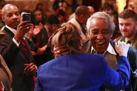 Congressman Charles Rangel laughs after arriving at a campaign rally for U.S. Democratic presidential candidate Hillary Clinton at the Apollo Theater in Harlem, New York March 30, 2016. REUTERS/Lucas Jackson/Files