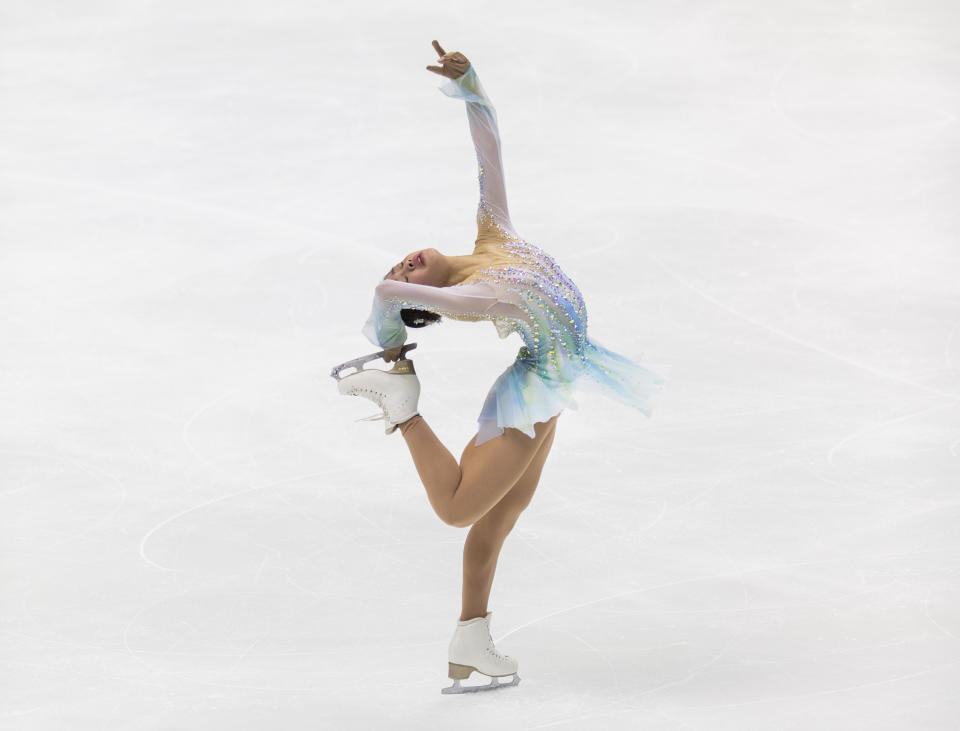 Yuhana Yokoi of Japan performs during a short program of an ISU Grand Prix of Figure Skating competition in Kadoma near Osaka, Japan, Friday, Nov. 27, 2020. (AP Photo/Hiro Komae)