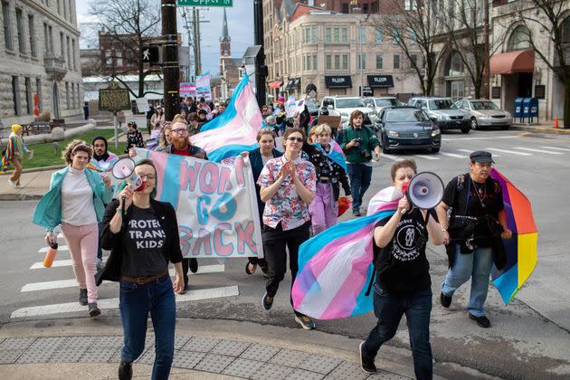 People rally in opposition to Senate Bill 150 and to celebrate Trans Day of Visibility in Lexington, Kentucky, on March 31, 2022. 