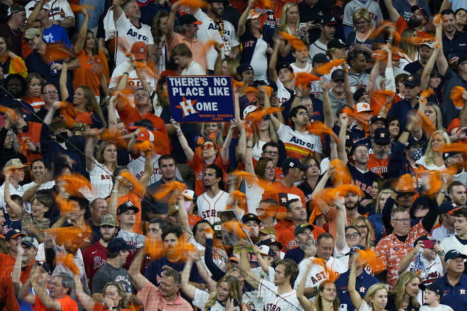 Fans cheer before the start of Game 6 of baseball's World Series between the Houston Astros and the Atlanta Braves Tuesday, Nov. 2, 2021, in Houston. (AP Photo/David J. Phillip)