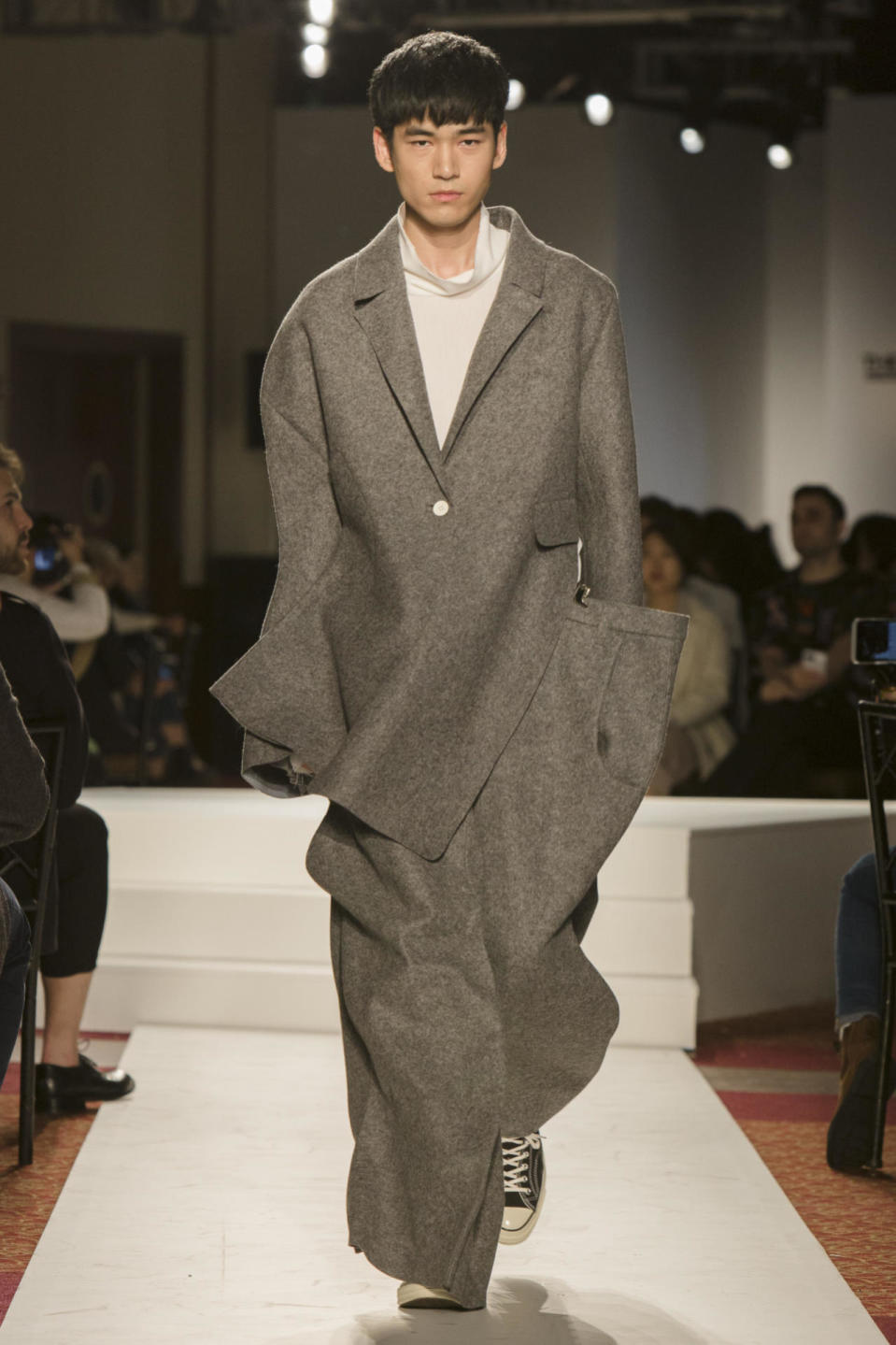 Parsons graduate Ming Peng’s look was an oversized suit gone askew in a cartoonish but very cool way.