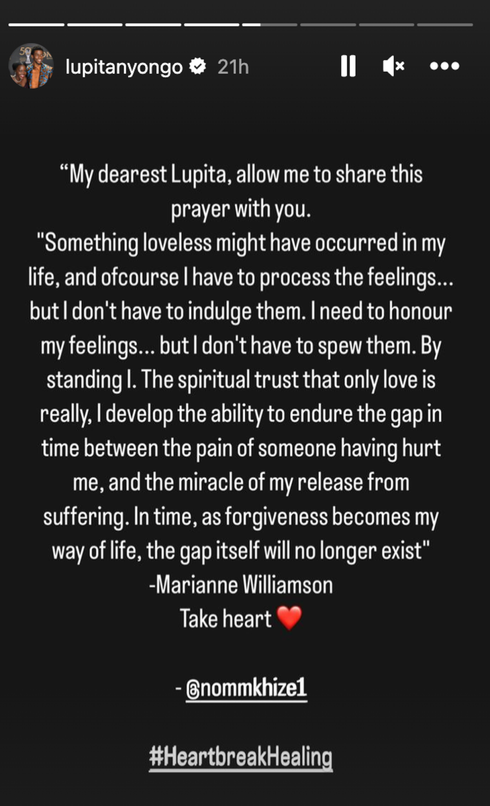 Nyong’o shares a sweet message from one follower on her Instagram story (@lupitanyongo on Instagram)