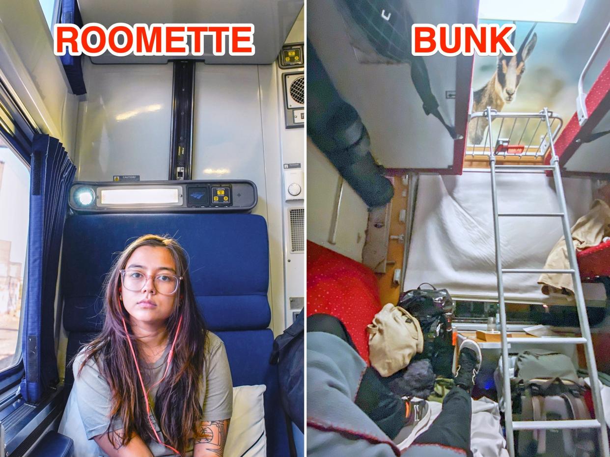 Side-by-side of author in Amtrak roomette (L) and Nightjet bunk (R) Joey Hadden, Amtrak roomette and Nightjet shared bunk compared: photos