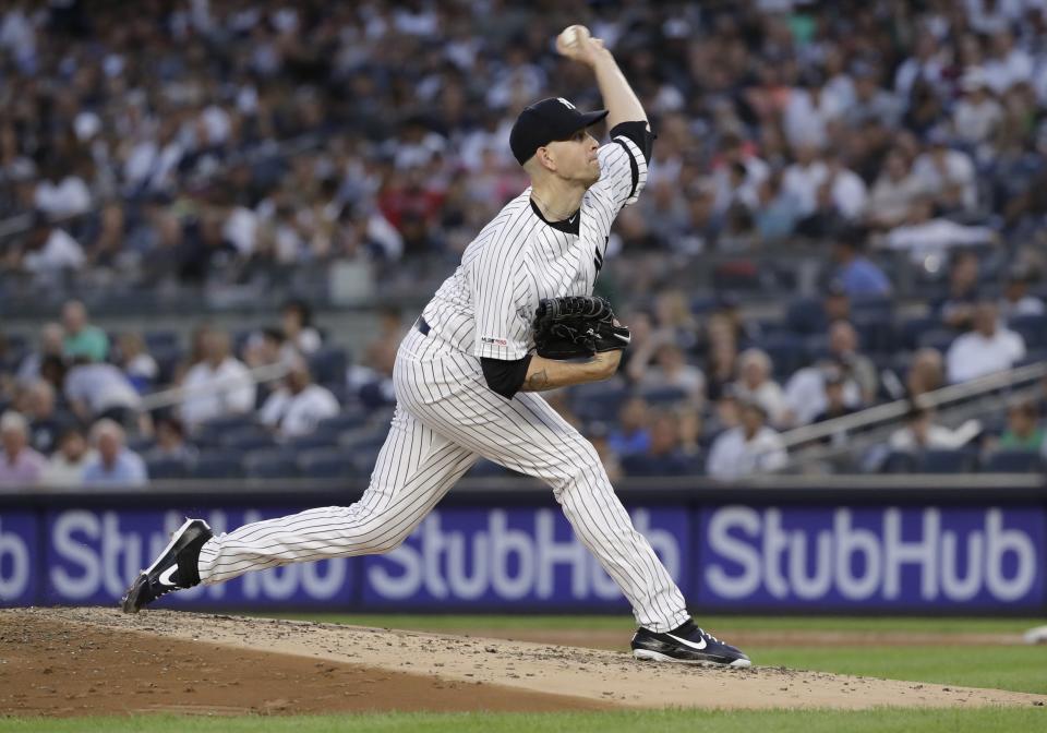 New York Yankees' James Paxton pitches during the third inning of the team's baseball game against the Boston Red Sox Friday, Aug. 2, 2019, in New York. The Yankees won 4-2. (AP Photo/Frank Franklin II)