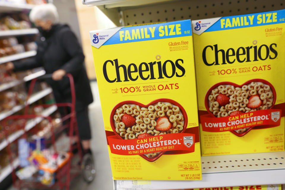 Packages of Cheerios, a brand owned by General Mills, are seen in a store in Manhattan, New York, U.S., November 12, 2021. REUTERS/Andrew Kelly