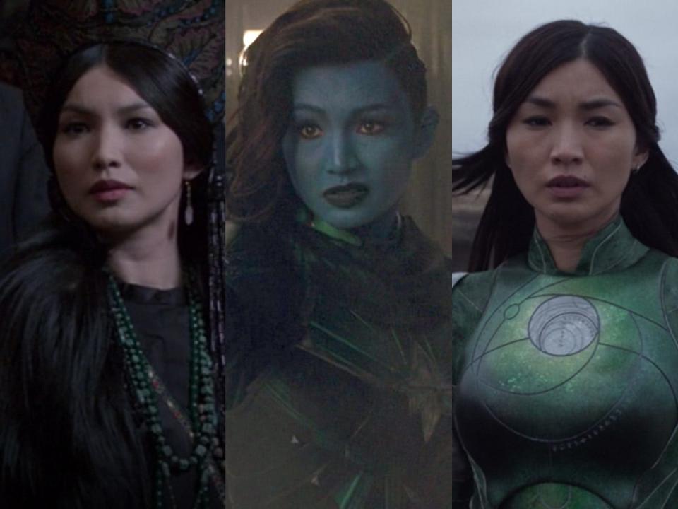 From left to right: Gemma Chan in "Fantastic Beasts and Where to Find Them," "Captain Marvel," and "Eternals."