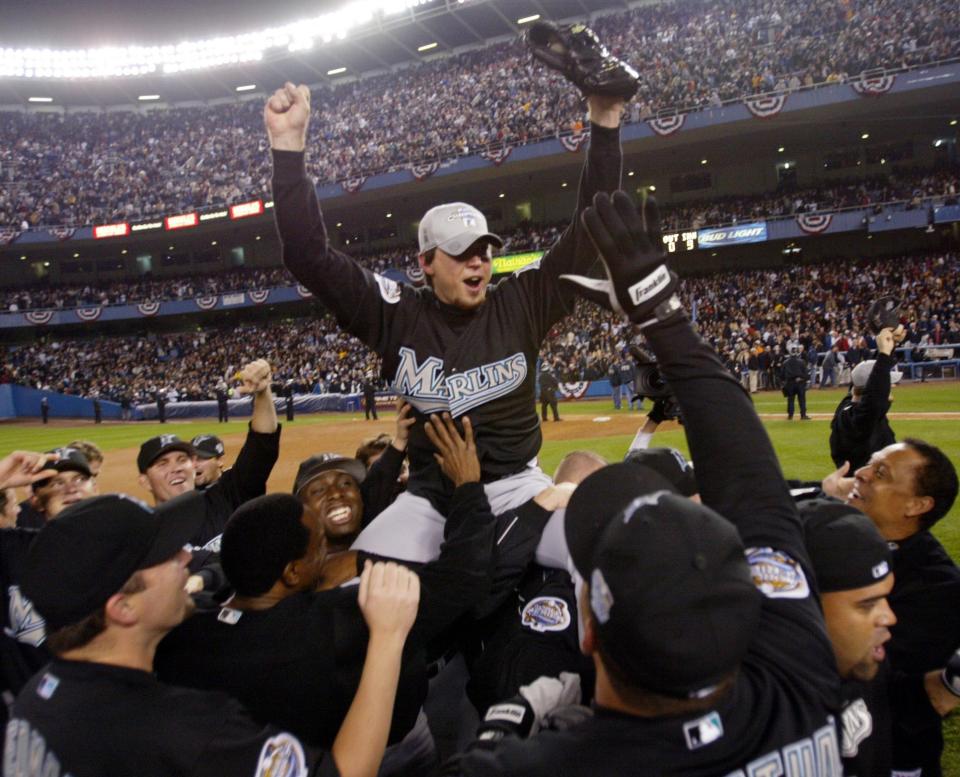 Josh Beckett celebrates after his complete game shutout in Game 6 of the 2003 World Series.