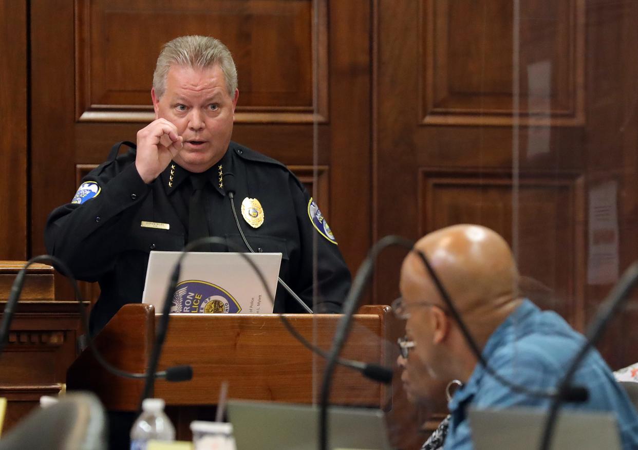 Akron Police Chief Steve Mylett explains to members of the Citizens' Police Oversight Board that he has a zero tolerance policy for racism during a meeting at city hall, Wednesday, June 14, 2023, in Akron, Ohio.