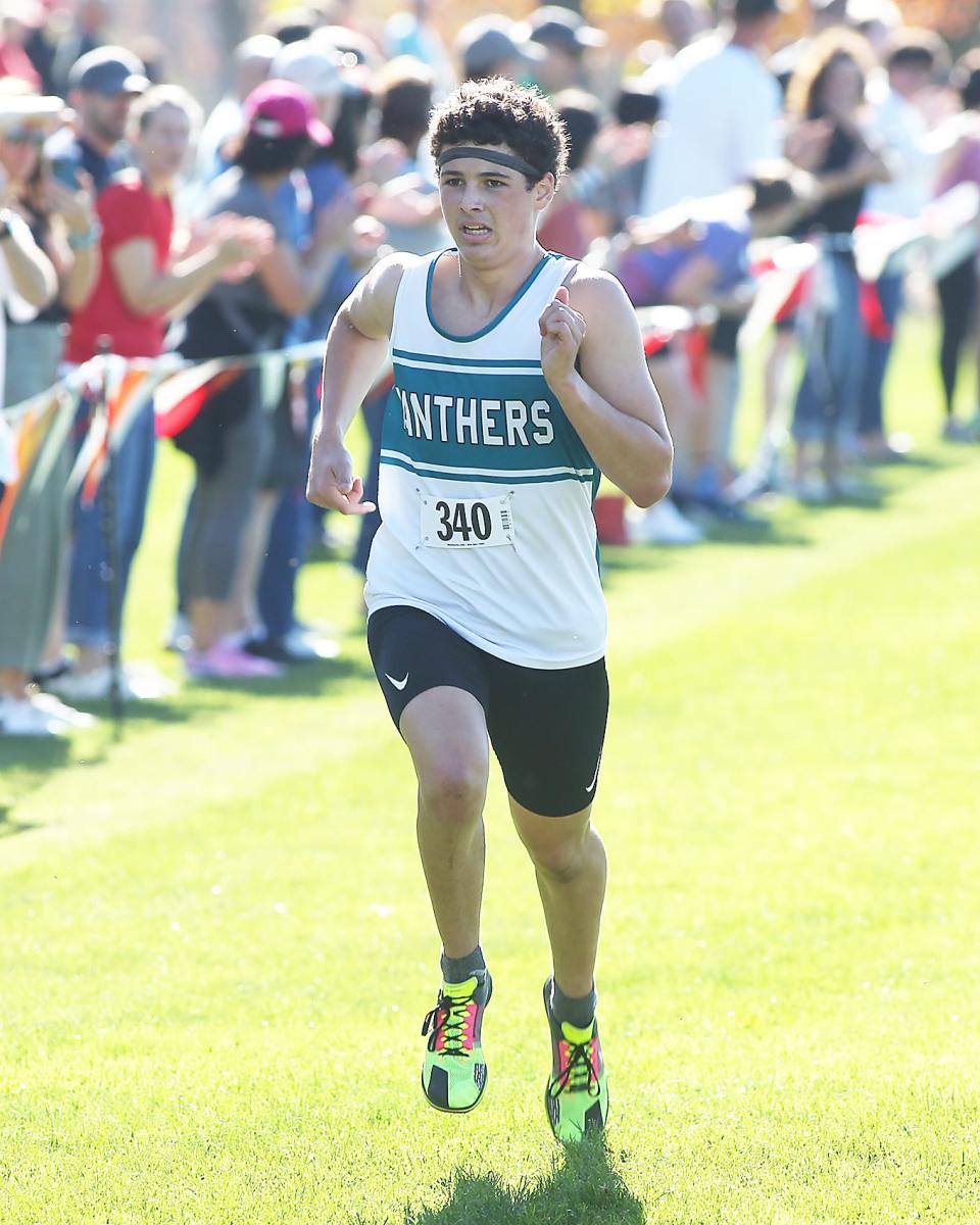 Plymouth South’s Noah Brilliant was brilliant finishing first overall with a time of 16:02.91 during the Patriot League Championship Meet at Hingham High School on Saturday, Oct. 28, 2023. Plymouth South boys would win with 48 points while Marshfield girls would win with 24 points.