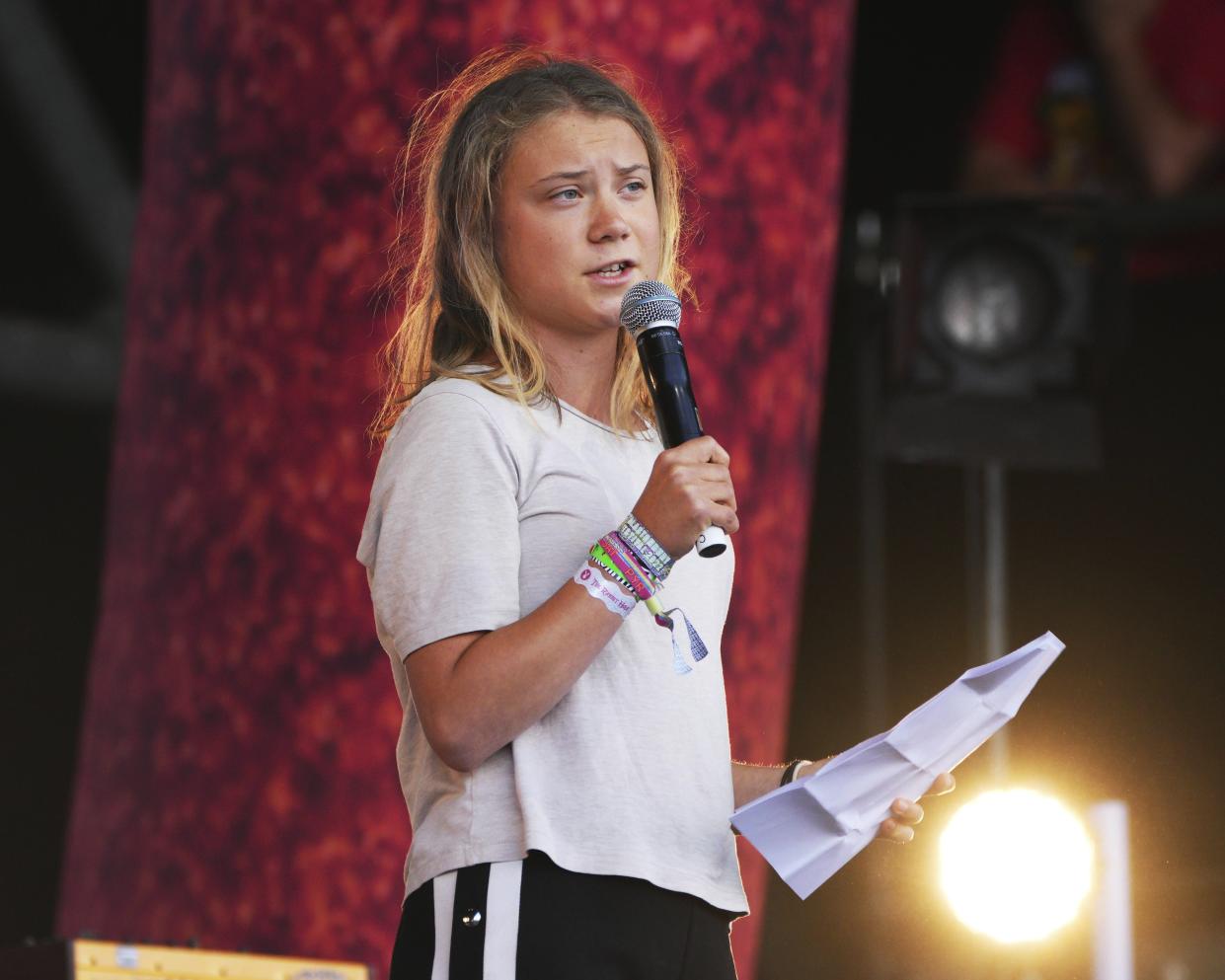 Greta Thunberg addresses the crowd at the Glastonbury Festival in Worthy Farm, Somerset, England, on Saturday.