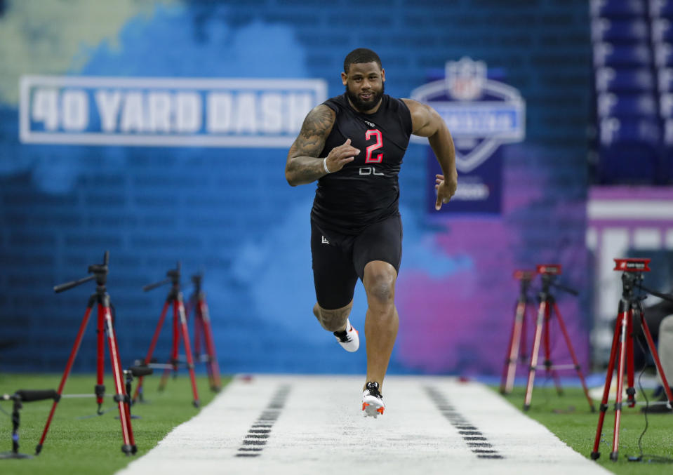 FILE - In this Feb. 29, 2020, file photo, TCU defensive lineman Ross Blacklock runs the 40-yard dash at the NFL football scouting combine in Indianapolis. Blacklock is a possible pick in the NFL Draft which runs Thursday, April 23, 2020, thru Saturday, April 25. (AP Photo/Michael Conroy, File)