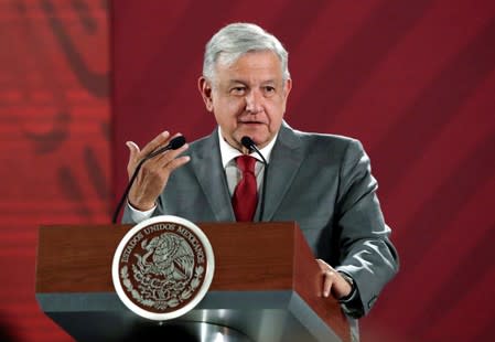 Mexico's President Andres Manuel Lopez Obrador attends a news conference at the National Palace in Mexico City