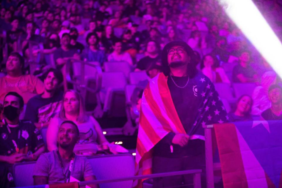 An esports fan catches a glimpse of himself on the Jumbotron screen during the Rocket League World Championships at the Dickies Arena on Friday, August 12, 2022, in Fort Worth, Texas.