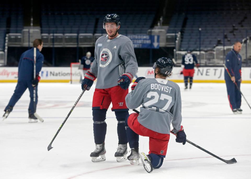 Zach Werenski and Adam Boqvist were on the ice for the first day of training camp for the Columbus Blue Jackets at Nationwide Arena in Columbus on Friday, September 23, 2021. 