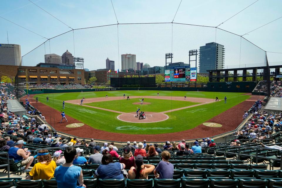 The Columbus Clippers take on the St. Paul Saints in the midday Minor League Baseball game at Huntington Park in Columbus on May 12, 2022.