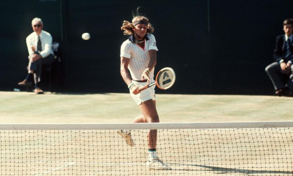 Bjorn Borg in action at Wimbledon in 1976. He won the tournament for the first time that year, the first of five in a row.