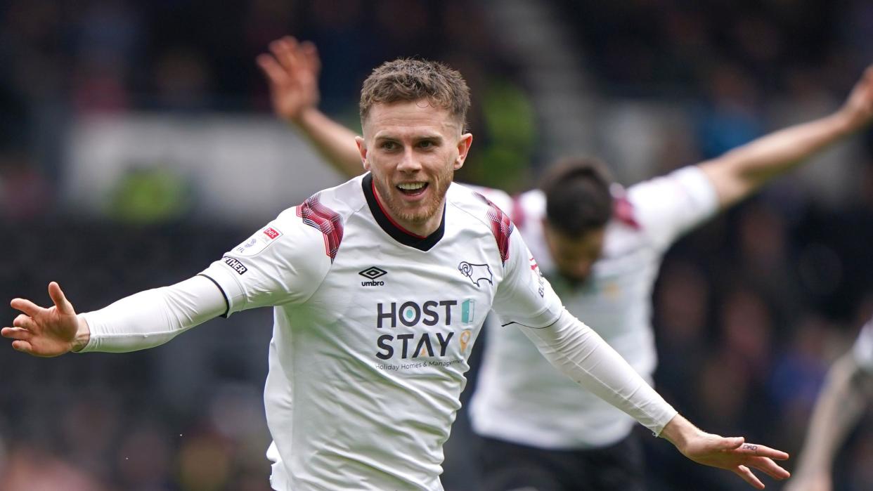 Max Bird celebrates scoring in his final match for Derby