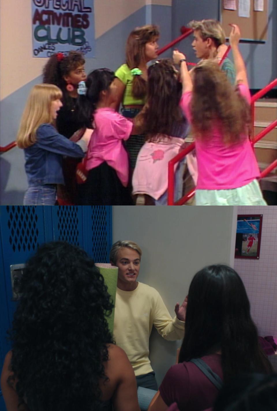 Zack being mobbed and Mac being mobbed on Saved by the Bell