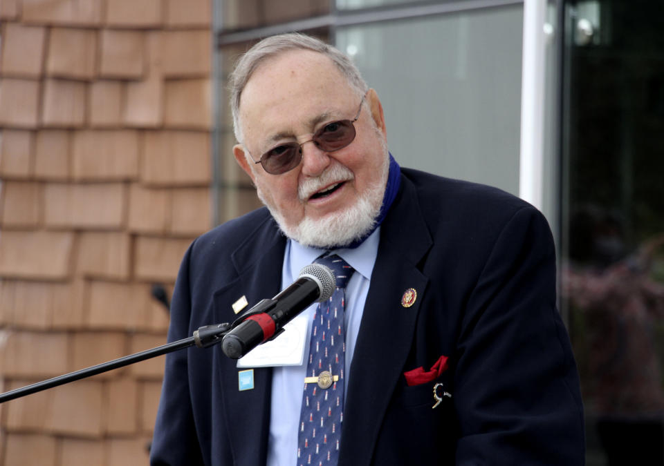 FILE - In this Aug. 26, 2020, photo, Rep. Don Young, R-Alaska, speaks during a ceremony in Anchorage, Alaska. Tug boat captain, teacher, gold prospector and longest-serving Republican in the history of the House. The late Rep. Don Young is being remembered for all of that and more as the country pays its respects to the only congressman Alaska has had for nearly a half-century. (AP Photo/Mark Thiessen, File)