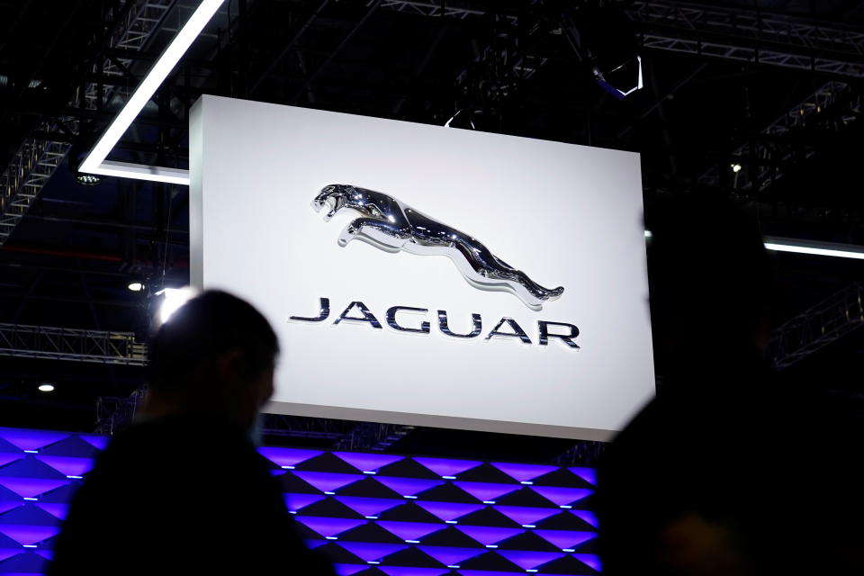 The Jaguar logo is seen at the Jaguar Land Rover booth during a media day for the Auto Shanghai show in Shanghai, China April 19, 2021. REUTERS/Aly Song