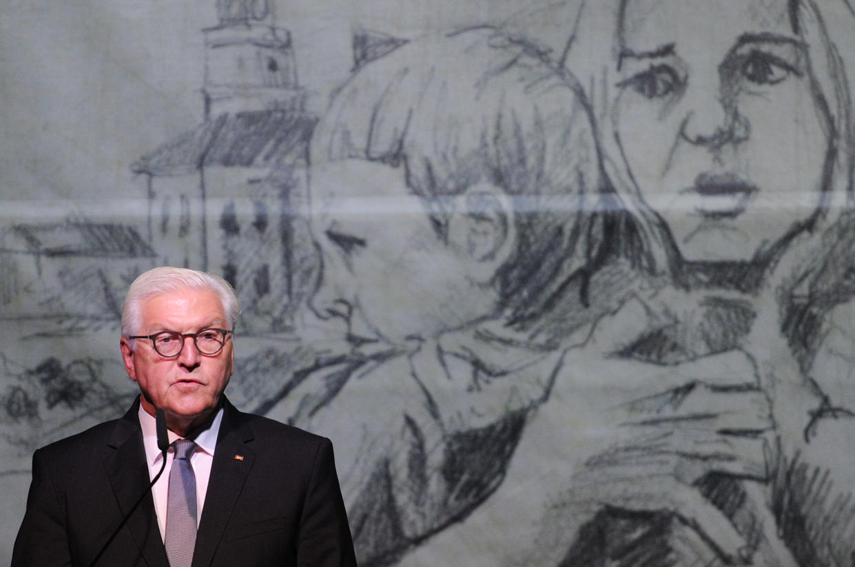 German President Frank-Walter Steinmeier gives a speech during a ceremony marking the 80th anniversary of the outbreak of the World War II, in Wielun on September 1, 2019. - German President Frank-Walter Steinmeier on September 1, 2019 asked Poland's forgiveness for history's bloodiest conflict during a ceremony in the Polish city of Wielun, where the first World War II bombs fell 80 years ago. (Photo by Alik KEPLICZ / AFP)        (Photo credit should read ALIK KEPLICZ/AFP/Getty Images)