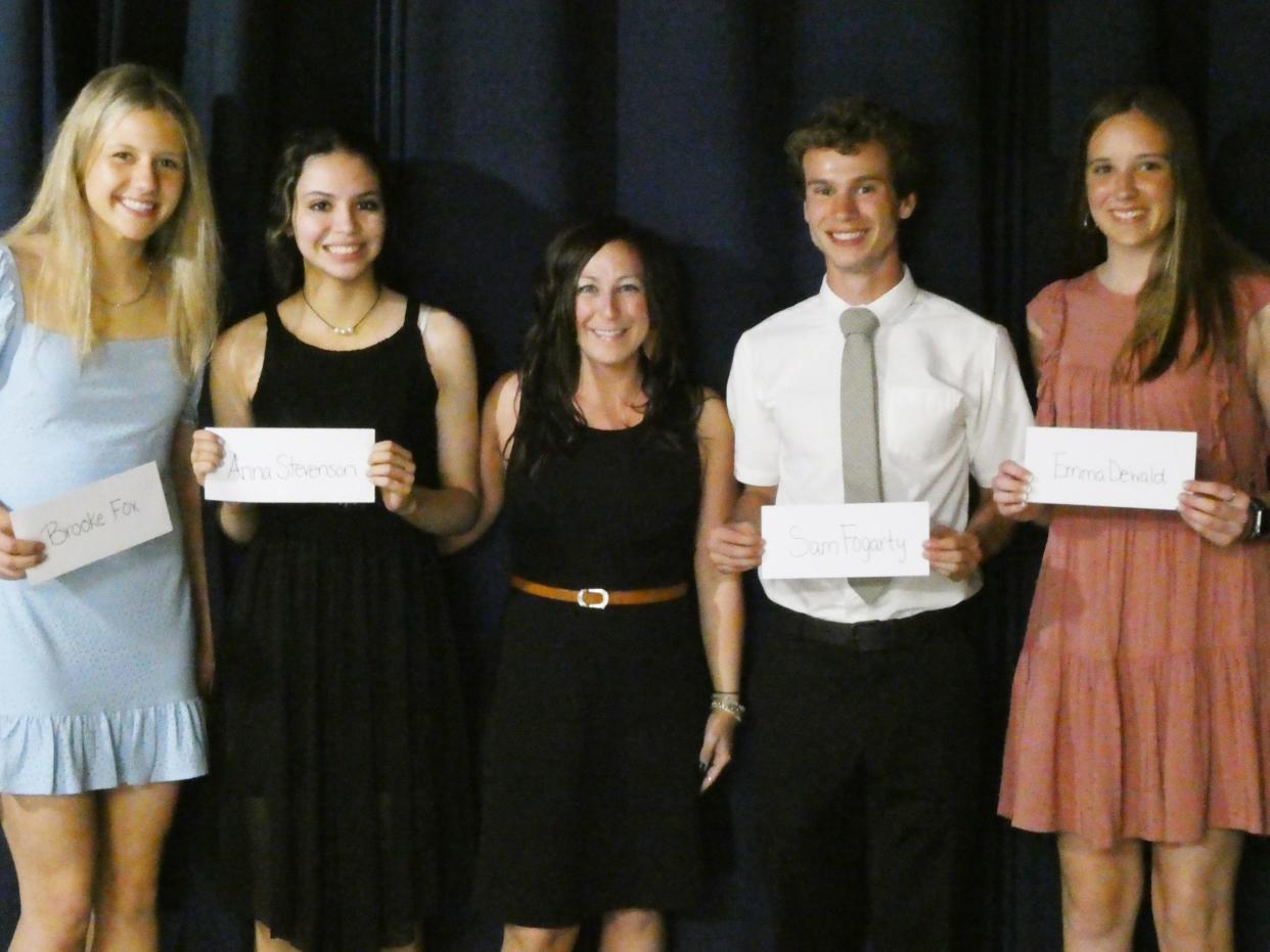 Pontiac Township High School hosted its annual Awards Night on May 11. Among the awards presented to PTHS seniors was the Rotary Club-Service Above Self Scholarship that was presented by Erin Jensen, middle, to, from left, Brooke Fox, Anna Stevenson,  Samuel Fogarty and Emma Dewald. Absent was Natalie Cassady.