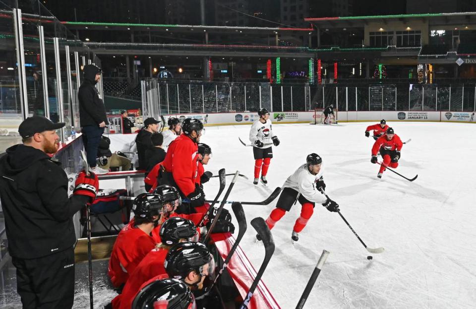 The Charlotte Checkers practice at Truist Field in Charlotte, NC on Monday, November 27, 2023. The Checkers will face the Americans in the Queen City Outdoor Classic at Truist Field on Saturday, January 13, 2024.