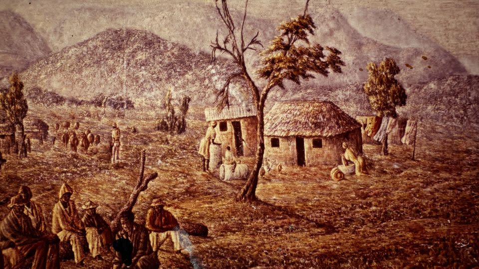 One of artist Mmakgabo Helen Sebidi's early works, which often depict traditional, rural scenes of a time before European colonization came to the African continent. - Mmakgabo Helen Sebidi