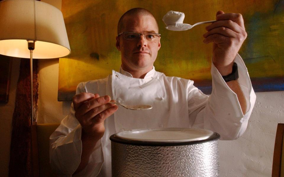 Heston Blumenthal preparing a'Nitro-Green Tea and Lime Mousse at one of the tables at The Fat Duck restaurant in Bray -  John Lawrence