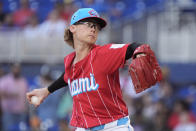 Miami Marlins' Max Meyer delivers a pitch during the first inning of a baseball game against the Atlanta Braves, Saturday, April 13, 2024, in Miami. (AP Photo/Wilfredo Lee)