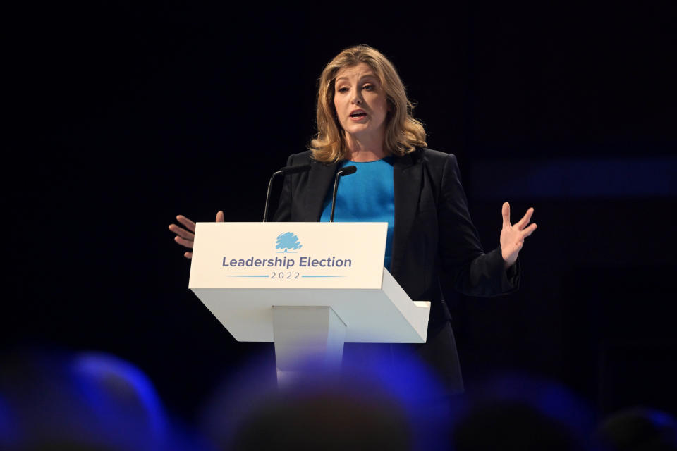 EXETER, ENGLAND - AUGUST 01: Minister of State for Trade Policy Penny Mordaunt speaks during the second Conservative party membership hustings on August 01, 2022 in Exeter, England. Conservative Party Leadership hopefuls Liz Truss and Rishi Sunak will attend the second party membership hustings in Exeter this evening. (Photo by Finnbarr Webster/Getty Images)