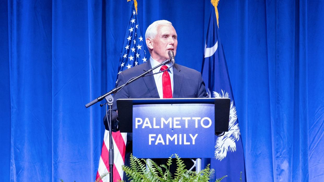 <p>Mike Pence pictured in a photo posted by him on Twitter today giving his first speech since leaving office</p> (Twitter/Mike Pence)