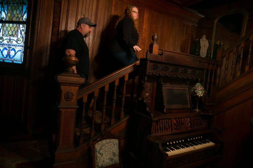 New Jersey Paranormal Investigations members JT Burkard and Sandy Burkard, make their way to the second level of the mansion. Members of New Jersey Paranormal Investigations visit the Strauss Mansion Museum sharing stories of unexplained paranormal incidents that have occurred at the residence.  Atlantic Highlands, NJThursday, October 13, 2022