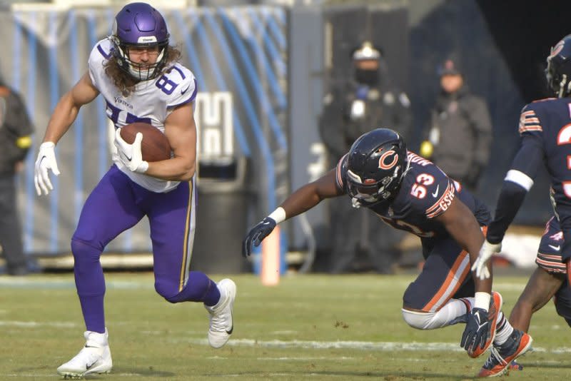 Minnesota Vikings veteran T.J. Hockenson (L) is my No. 2 fantasy football tight end this week. File Photo by Mark Black/UPI