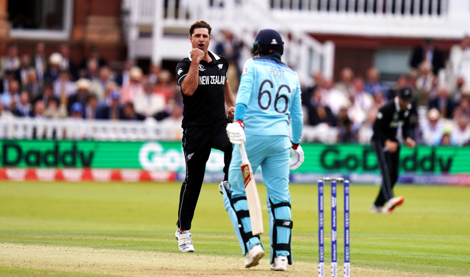 De Grandhomme celebrates taking the wicket of England's Joe Root. (Photo by John Walton/PA Images via Getty Images)