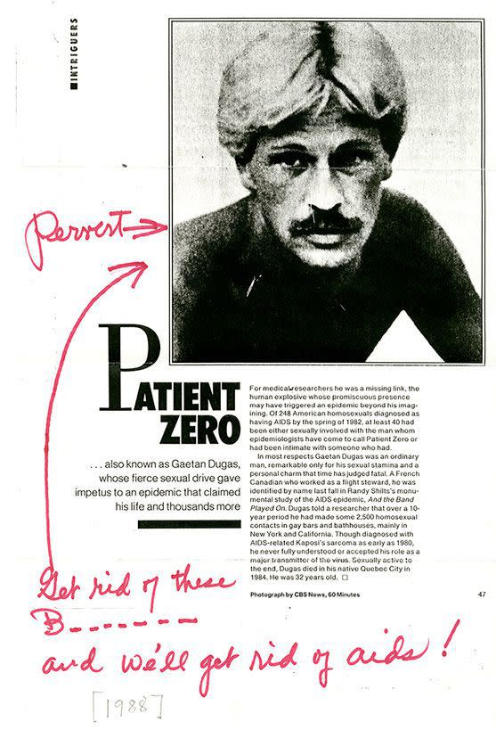 People magazine featured Gaetan Dugas as Patient Zero in 1987. This marked up copy, anonymously mailed to the San Francisco AIDS Foundation, exemplifies negative reactions.