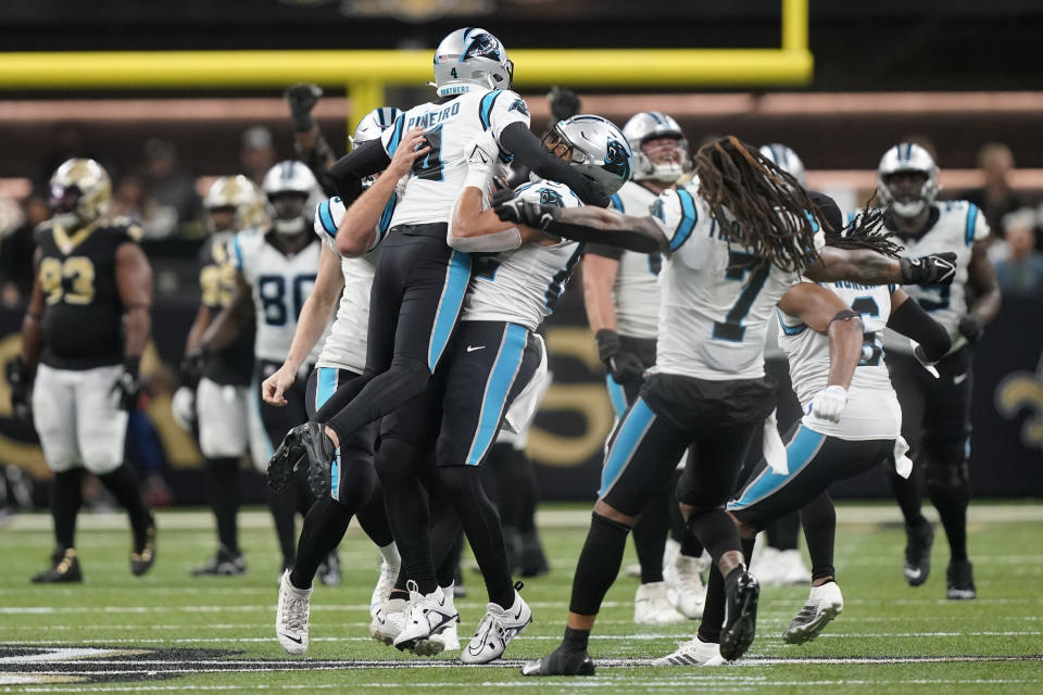 Carolina Panthers place kicker Eddy Pineiro celebrates after kicking the winning field goal during the second half an NFL football game between the Carolina Panthers and the New Orleans Saints in New Orleans, Sunday, Jan. 8, 2023. (AP Photo/Gerald Herbert)