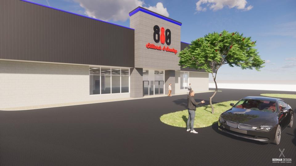 An architectural rendering prepared by Berman Design of Chicago, Ill. of an 810 Billiards & Bowling franchise, showing a projected view from its parking lot. The proiect now is approved to open in Vineland at 3679 South Delsea Drive. PHOTO: April 2023.