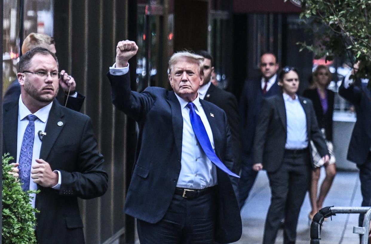 Donald Trump arrives at Trump Tower in New York on May 30, 2024, after being found guilty on 34 felony counts. <a href="https://www.gettyimages.com/detail/news-photo/former-u-s-president-donald-trump-arrives-at-trump-tower-on-news-photo/2154739680?adppopup=true" rel="nofollow noopener" target="_blank" data-ylk="slk:Stephanie Keith/Getty Images;elm:context_link;itc:0;sec:content-canvas" class="link ">Stephanie Keith/Getty Images</a>