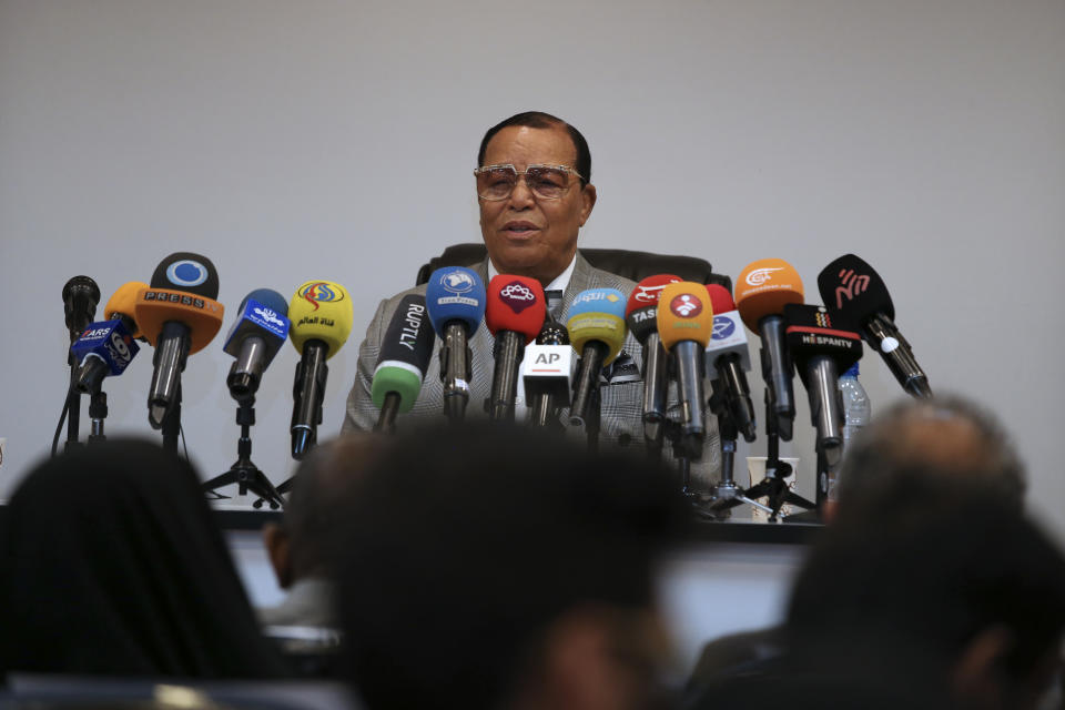 Minister Louis Farrakhan, the leader of the Nation of Islam, speaks at a press conference in Tehran, Iran, Thursday, Nov. 8, 2018. Farrakhan warned President Donald Trump not to pull "the trigger of war in the Middle East, at the insistence of Israel." The 85-year-old Farrakhan, long known for provocative comments widely considered anti-Semitic, criticized the economic sanctions leveled by Trump against Iran after his pullout from the nuclear deal. (AP Photo/Vahid Salemi)
