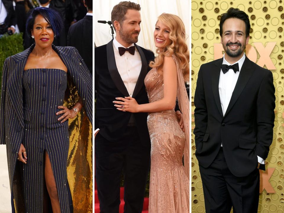 Regina King at the 2021 Met Gala, Blake Lively and Ryan Reynolds at the 2014 Met Gala, and Lin-Manuel Miranda at the 2019 Emmys.