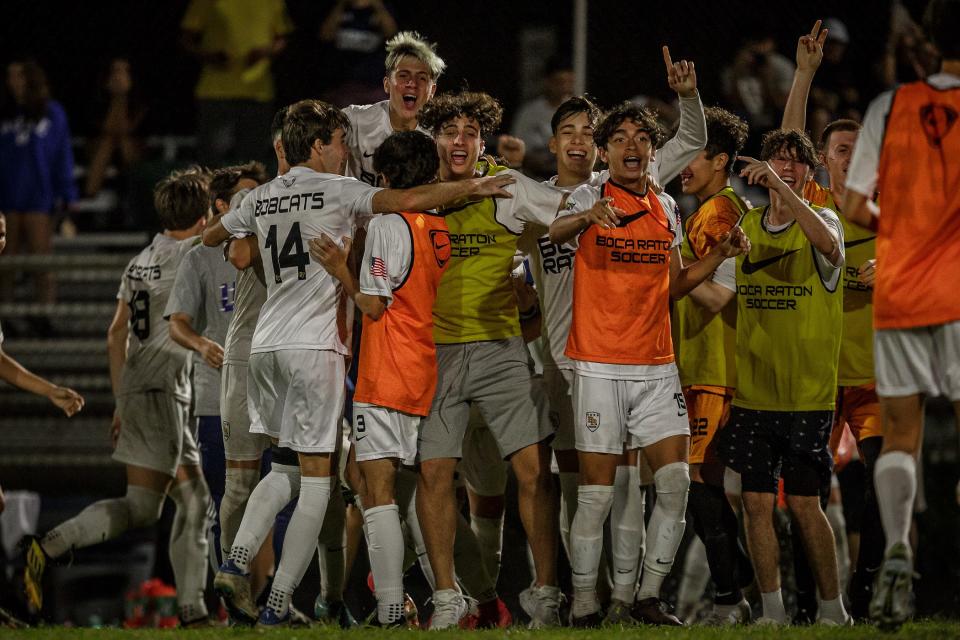 The Spanish River Community High School Sharks hosted the Boca Raton High School Bobcats for the District 12-7A championship game in FHSAA boys' soccer in Boca Raton, Fla., on February 1, 2023. Boca won 1-0.