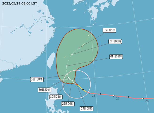 瑪娃暴風圈有擴大趨勢，將沿著台灣東部外海北上，預估今晚到明晨發海上颱風警報，若路徑偏西也有機會發陸警。(翻攝自氣象局)