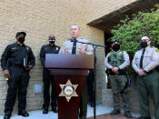 Los Angeles County Sheriff Alex Villanueva speaks Tuesday, Feb. 23, 2021 at the Lomita sheriff's station in Lomita, Calif., about the Tiger Woods car crash. (AP Photo/Stefanie Dazio)