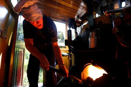 Puffing Billy steam engine fireman Barry Rogers, 70, shovels a load of coal into the firebox of locomotive 12A hauling a train of passengers near Melbourne, October 20, 2014. REUTERS/Jason Reed