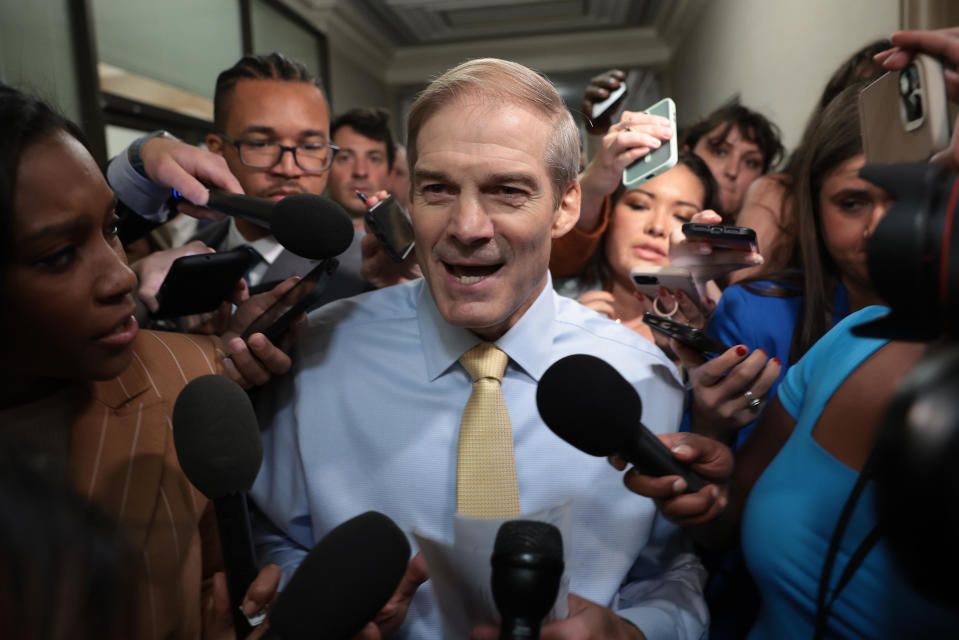 Rep. Jim Jordan speaks to reporters as House Republicans hold a caucus meeting on Capitol Hill on Oct. 13, 2023. / Credit: Win McNamee / Getty Images