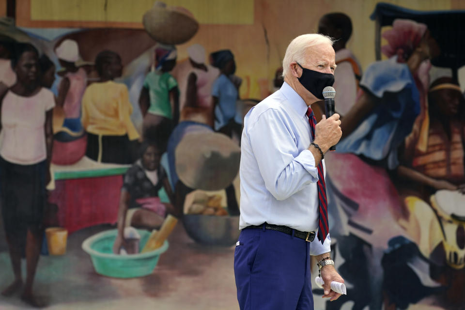 Democratic presidential candidate former Vice President Joe Biden speaks at the Little Haiti Cultural Complex, Monday, Oct. 5, 2020, in Miami. (AP Photo/Andrew Harnik)